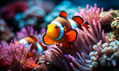 Vibrant Clownfish Swimming Through Colorful Coral Reef, a Spectacle of Marine Life Showcasing Underwater Biodiversity and the Beauty of Ocean Ecosystems