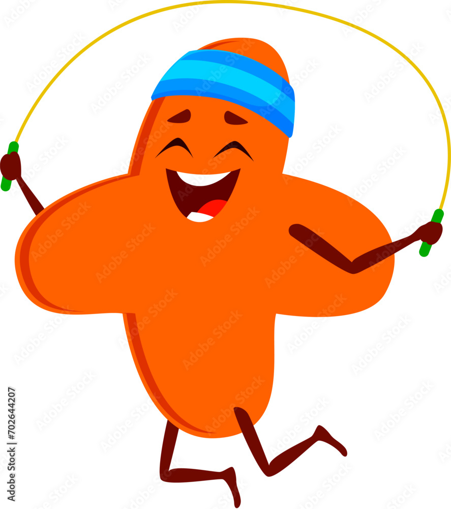 Poster Cartoon funny plus math number symbol character jumping with rope. Isolated cute vector mathematics and arithmetic sign for addition equations engage in sports workout, prepare for educational exam