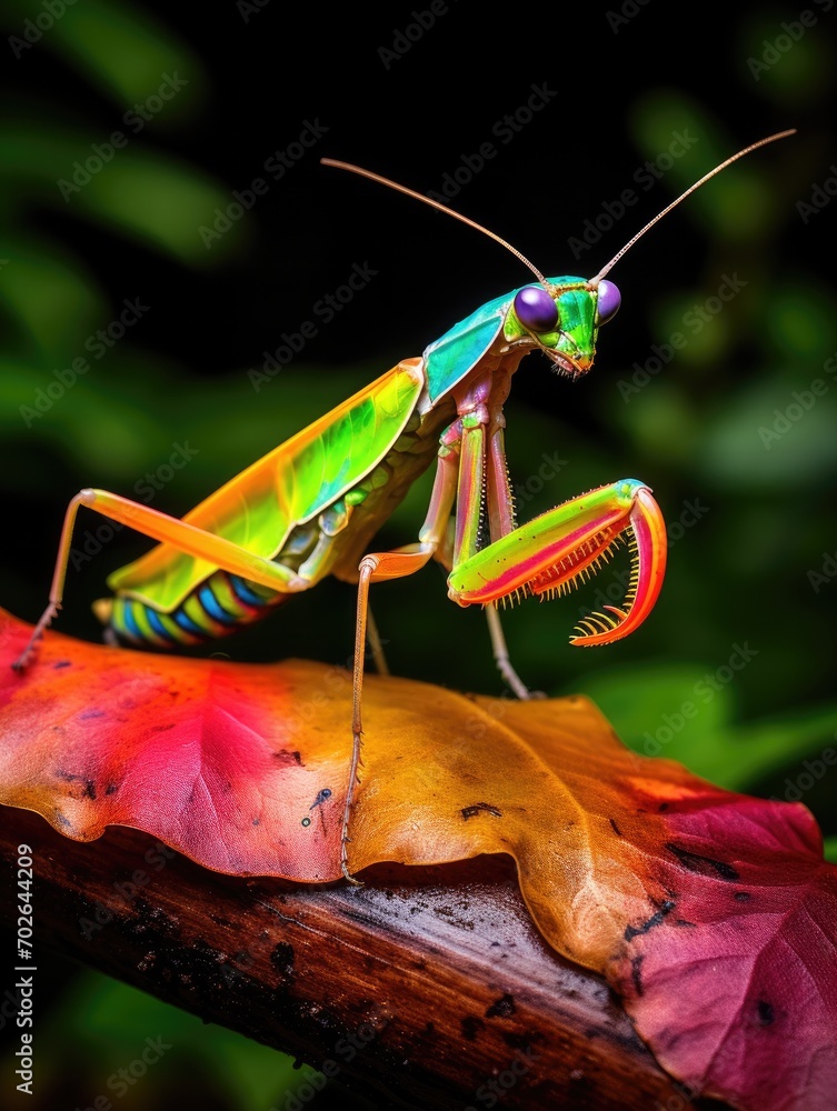 Poster a colorful praying mantisce sits on a leaf. generative ai.