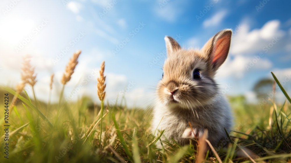 Poster a small rabbit is sitting in the grass. generative ai.