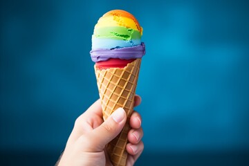 Male hand holding ice cream with colors of LGBT flag against blue background, pride concept