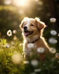 A puppy sitting in a field of daisies. Generative AI.