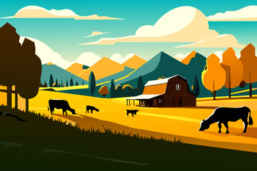 Cattle ranch with grazing cows. vektor icon illustation