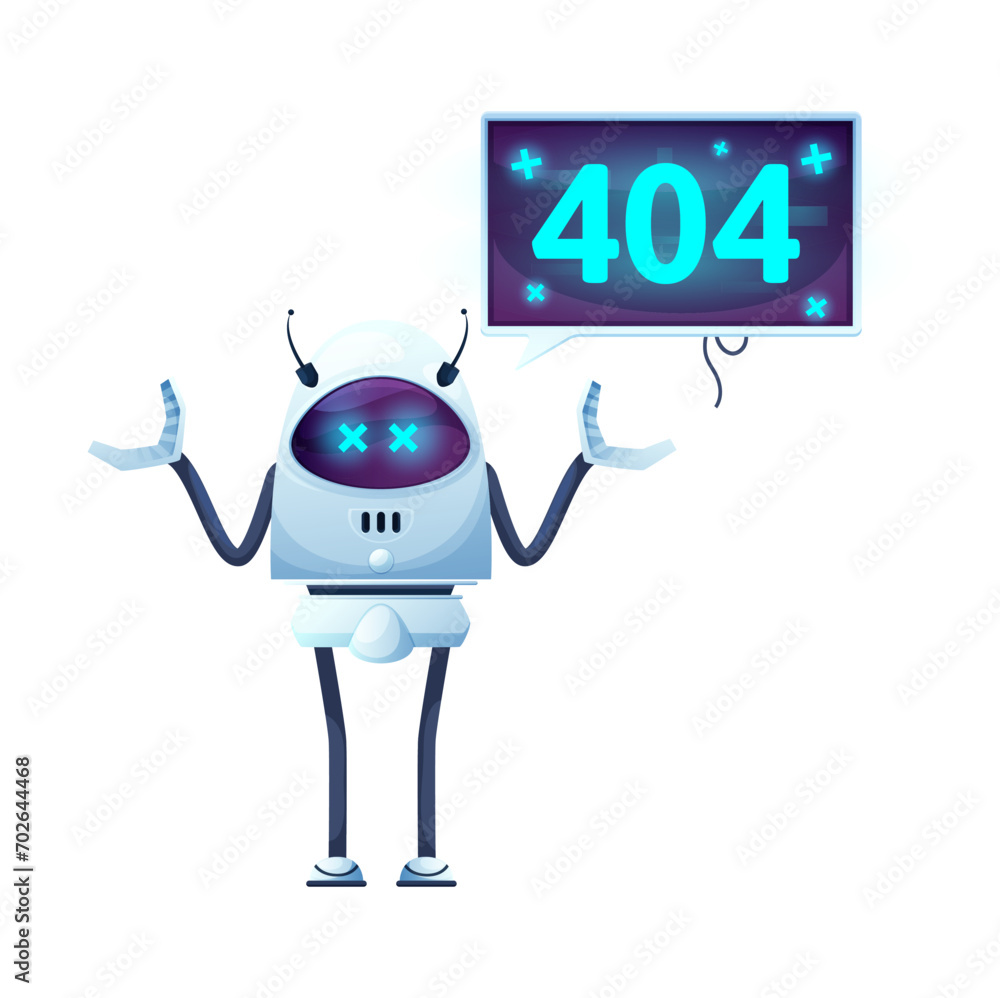 Poster 404 page with cartoon screen and funny robot. Webpage construction alert, web site service sigh or network fail error vector sign with funny robot or future droid character, 404 message on screen