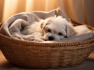 A small white dog is in a basket. Generative AI.