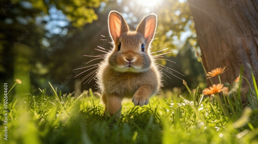 Aufkleber a small rabbit running through the grass. generative ai.