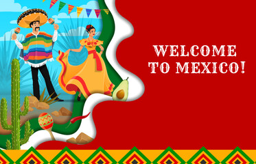 Viva Mexico, welcome paper cut banner with Mexican dancer and mariachi musician, cactus and blue agave in desert, vector background. Mexican travel poster with man in sombrero and poncho with maracas