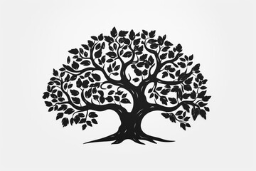 Monochrome Tree and Root Icon - Black Silhouette on White