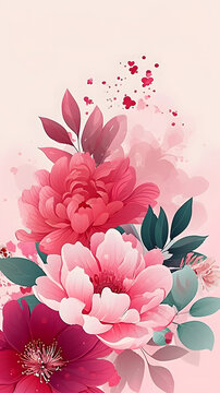 Mother's Day, Birthday concept, elegant Illustration with pink flowers. Plant, pattern, leaves, heart, love, for wedding greeting card, flyer or frame, social media post. Copy space for text. image
