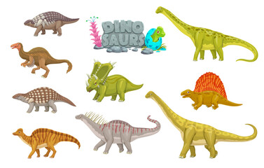 Cartoon dinosaurs animals funny characters. Prehistorical reptiles, extinct animals vector cute mascots. Panoplosaurus, Deinocheirus, Nodosaurus and Amargasaurus, Chasmosaurus, Dimetrodon personages