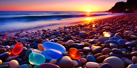 Fototapeta na wymiar Beautiful colored pebbles on beach - ai generative