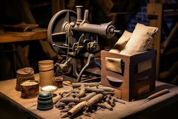 Fototapeta premium Old-fashioned tobacco processing tools and handmade cigars laid out on a rustic table, reminiscent of a bygone era