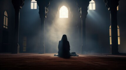 Silhouette of Muslim woman worshiping and praying for fasting and Islamic Eid culture in old mosque with lighting and smoke background, copy space - generative ai