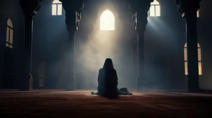 Fotobehang Silhouette of Muslim woman worshiping and praying for fasting and Islamic Eid culture in old mosque with lighting and smoke background, copy space - generative ai © Nia™
