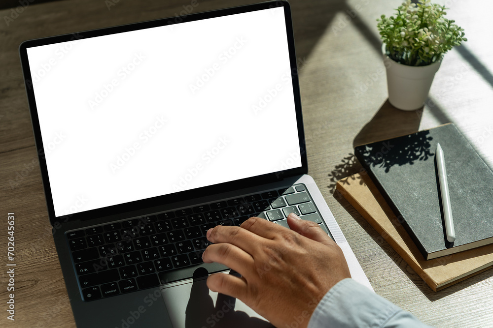 Poster mock up using laptop with blank screen computer modern