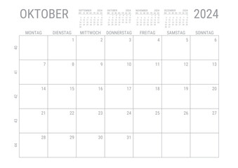 Monat Kalender Oktober 2024 Monatskalender Kalenderblatt Kalendarium mit Kalenderwoche Planer DIN A4 Deutsch