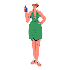 Happy girl wearing dress with deep neckline. Pretty young woman in summer outfit holds cool drink glass. Fashion person in sandals posing with refreshments. Flat isolated vector illustration on white