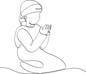Linear drawing - a prayer of a Muslim with his back turned. Ramadan Kareem greeting cards, posters and banners.