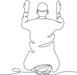 Linear drawing - a prayer of a Muslim with his back turned. Ramadan Kareem greeting cards, posters and banners.