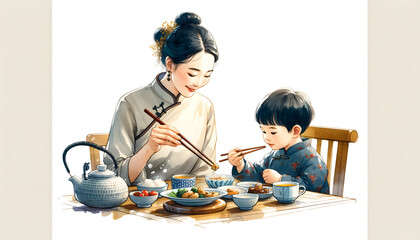 Watercolor mother and child doing activities on Mother's Day