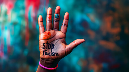 A hand with the words stop racism written. Space for text - obrazy, fototapety, plakaty