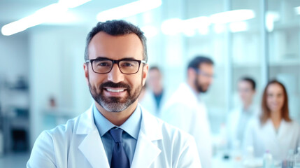 Portrait of happy arabic doctor handsome a man in workwear posing at modern clinic. AI generated - Powered by Adobe