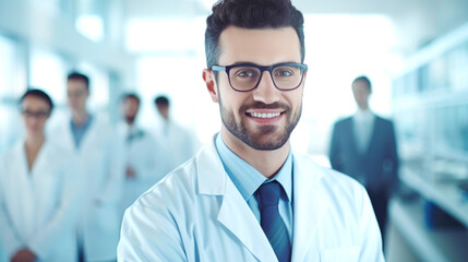 Portrait of happy arabic doctor handsome a man in workwear posing at modern clinic. AI generated