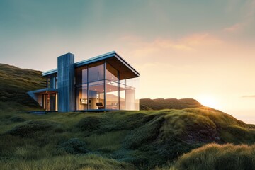 Fototapeta na wymiar Modern house on a grassy hill at dusk