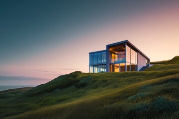 Fototapeta na wymiar Modern house on a grassy hill at dusk