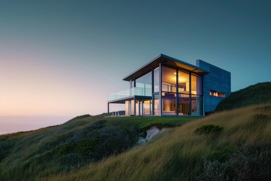 Modern house on a grassy hill at dusk