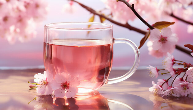 A glass mug of sakura tea under a blooming sakura