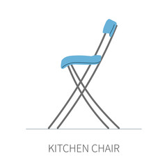 Stylish kitchen foldable chair on metal legs with blue plastic seat. Isolated chair on white background side view.