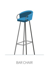 High kitchen bar chair on long metal legs with soft blue seat. Isolated chair on white background front side view.
