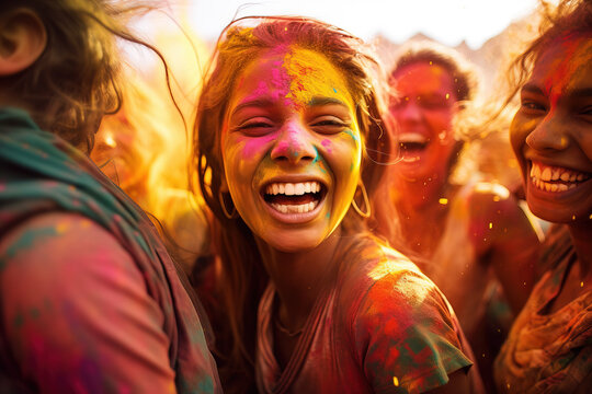 Holi party, colored powder, water guns, balloons and happy faces.