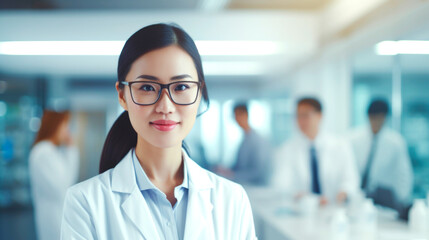 Professional beautiful young asian woman doctor standing with arms crossed smiling looking at the camera. AI generated