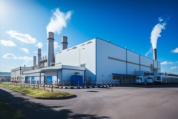 Wide-angle view of a large tobacco factory exterior with visible smoke emissions
