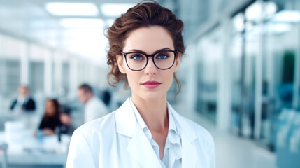 Professional beautiful young woman doctor standing with arms crossed smiling looking at the camera. AI generated