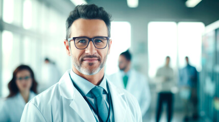 Professional beautiful a man doctor standing with arms crossed smiling looking at the camera. AI generated