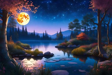 Explore the allure of a nocturnal wonderland, where a harvest moon casts its glow on a shimmering lake surrounded by lush vegetation, birchwood trees, and an abundance of vibrant flowers.