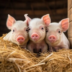 A group of very adorable piglets snuggled together in a cozy hay bed.