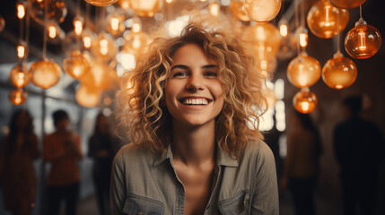 Fototapeta premium Young woman smiling, looking at the camera. Happy blonde smiling. Bokeh effect. AI generative