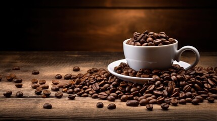 A white coffee cup full of coffee beans spilling out on a wood background