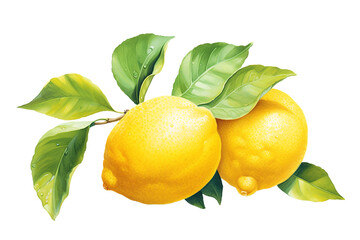 Great illustration of beautiful yellow lemon fruit on a branch with green leaves isolated on white background. Watercolor drawing by hand transparent background Generative Ai