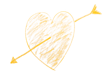 Pencil drawn yellow heart arrows isolated on transparent background.