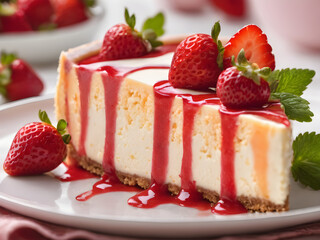 Strawberry cheesecake piece slice with fresh strawberry and jam Generative AI illustration
