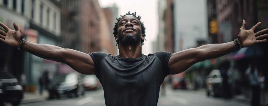 black man stretching his arms, possibly on a street, depicting a moment of relaxation or exercise