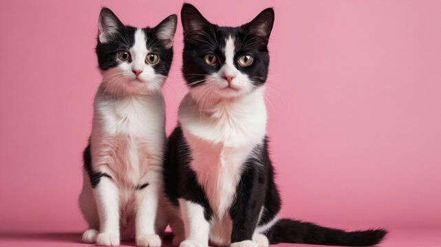 Black And White Kitten Sitting On Pink Seamless background,Playful Monochrome Captivating Studio Portrait of a Young Funny Cute Black and White Kitten 