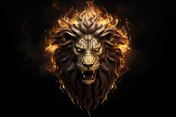 
A visually striking and creative representation of a golden burning lion king head in a black style, featuring a soft mane, against a dark background - obrazy, fototapety, plakaty