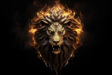 Gordijnen  A visually striking and creative representation of a golden burning lion king head in a black style, featuring a soft mane, against a dark background © Andrey