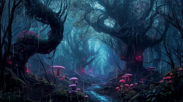 magical forest with swirling trees, loop video background animation, cartoon anime style, for streamer backdrop